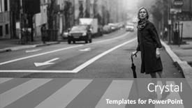  Presentation with black woman - Presentation theme having woman-with-an-umbrella-crossing background and a gray colored foreground