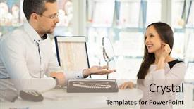  Presentation with guide dog helping blind woman - Beautiful PPT theme featuring woman with assistant help choosing jewellery backdrop and a mint green colored foreground