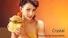  Presentation with gift - Colorful slide deck enhanced with woman with autumn hairstyle holding gift box backdrop and a gold colored foreground