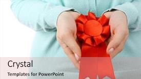  Presentation with award - Audience pleasing presentation theme consisting of woman with award ribbon close-up isolated on white backdrop and a coral colored foreground