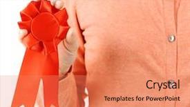  Presentation with award - Colorful PPT theme enhanced with woman with award ribbon close-up isolated on white backdrop and a coral colored foreground