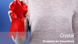  Presentation with award - PPT layouts having woman with award ribbon close-up background and a gray colored foreground