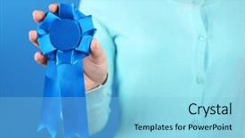  Presentation with award - Slide deck featuring woman with award ribbon close-up background and a light blue colored foreground