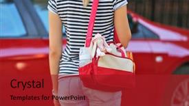  Presentation with diaper - Audience pleasing theme consisting of woman with baby bag standing backdrop and a crimson colored foreground