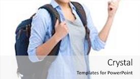  Presentation with finger point - Slide deck featuring woman with backpack and finger point up background and a white colored foreground