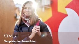  Presentation with city buildings - Colorful slide set enhanced with woman-with-backpack-on-walk backdrop and a tawny brown colored foreground
