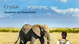  Presentation with animals - Slides having woman-with-backpack-watching-animals background and a light blue colored foreground