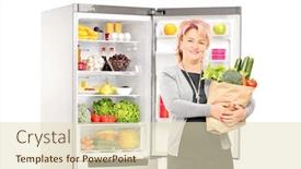  Presentation with fridge - Slides consisting of woman with bag of vegetables in front of a fridge isolated on white background background and a soft green colored foreground