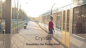  Presentation with train - PPT theme having woman-with-bag-while-taking background and a coral colored foreground