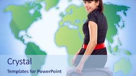  Presentation with woman world - Cool new presentation theme with woman with baggage on world backdrop and a  colored foreground