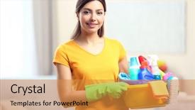  Presentation with cleaning services - Slides having woman with basin of cleaning background and a gold colored foreground
