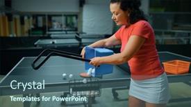  Presentation with table tennis - Beautiful presentation theme featuring woman-with-basket-of-ping backdrop and a ocean colored foreground