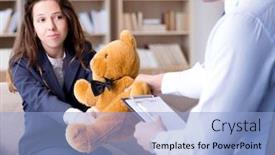  Presentation with toy - Cool new slide deck with woman-with-bear-toy-during backdrop and a light blue colored foreground