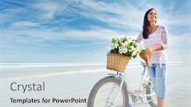  Presentation with happy birthday bicycle - Colorful presentation theme enhanced with old wooden pier on a lake at sunrise nature landscape backdrop and a mint green colored foreground