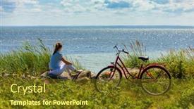  Presentation with bike - Presentation theme with woman-with-bike-at-seaside background and a tawny brown colored foreground