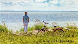  Presentation with bike - Colorful presentation enhanced with woman-with-bike-at-seaside backdrop and a gold colored foreground