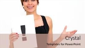  Presentation with airport boarding board - Slides with woman with board exclamation point background and a coral colored foreground