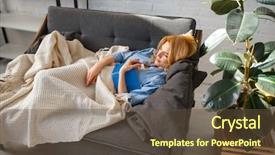  Presentation with book - Beautiful presentation design featuring woman with book fell asleep backdrop and a tawny brown colored foreground