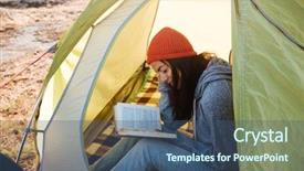  Presentation with big tent - Beautiful presentation theme featuring woman with book in tent backdrop and a ocean colored foreground