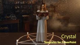  Presentation with magic book - PPT layouts having woman-with-book-of-spells background and a tawny brown colored foreground
