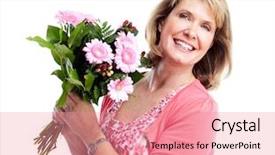  Presentation with white flowers of jasmine - Colorful slide set enhanced with woman with bouquet of flowers backdrop and a coral colored foreground