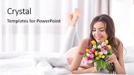  Presentation with tulips - PPT layouts with woman with bouquet of tulip background and a sky blue colored foreground