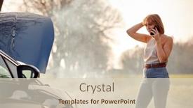  Presentation with country - Presentation theme with woman-with-broken-down-car background and a soft green colored foreground