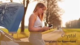  Presentation with country - Presentation theme enhanced with woman-with-broken-down-car background and a gold colored foreground