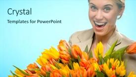  Presentation with purple teal yellow pink and orange - Cool new slide set with woman with bunch of orange backdrop and a  colored foreground