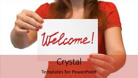  Presentation with welcome - Audience pleasing slide deck consisting of woman with card welcome isolated backdrop and a red colored foreground