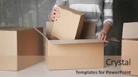  Presentation with boxes - Cool new PPT theme with woman with carton boxes backdrop and a coral colored foreground