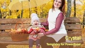  Presentation with woman child - Cool new presentation theme with woman with child girl in autumn city park sit on bench with apples basket and umbrella and having fun happy family backdrop and a tawny brown colored foreground