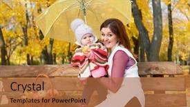  Presentation with woman child - PPT theme featuring woman with child girl in autumn city park sit on bench with apples basket and umbrella and having fun happy family background and a red colored foreground