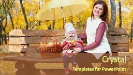  Presentation with woman child - Presentation theme with woman with child girl in autumn city park sit on bench with apples basket and umbrella and having fun happy family background and a tawny brown colored foreground