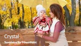  Presentation with woman child - Presentation design enhanced with woman with child girl in autumn city park sit on bench with apples basket and umbrella and having fun happy family background and a coral colored foreground
