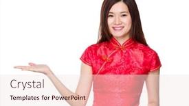  Presentation with show - Colorful presentation design enhanced with woman with chinese traditonal costume show with the open hand palm backdrop and a lemonade colored foreground