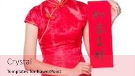  Presentation with everything - Audience pleasing slide deck consisting of woman with chinese traditonal costume show with the fai chaun phrase meaning is everything goes smooth and good luck backdrop and a red colored foreground