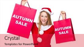  Presentation with christmas sale - Theme consisting of woman with christmas costume hold with shopping bag and showing autumn sale background and a red colored foreground