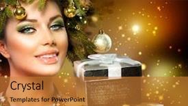  Presentation with christmas magic - PPT layouts having woman with christmas gifts fairy background and a gold colored foreground