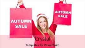  Presentation with christmas sale - Presentation design featuring woman with christmas hat and hold up the paper bag showing autumn sale background and a coral colored foreground