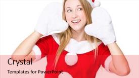  Presentation with christmas party - PPT theme enhanced with woman with christmas party dress and listen something background and a red colored foreground