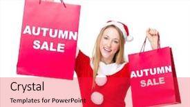  Presentation with christmas sale - Audience pleasing slides consisting of woman with christmas party dress hold up with shopping bag and showing autumn sale backdrop and a red colored foreground