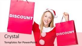  Presentation with christmas party - Beautiful presentation theme featuring woman with christmas party dress hold up with shopping bag and showing a word discount backdrop and a red colored foreground