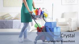  Presentation with cleaning services - Presentation consisting of woman with cleaning equipment background and a light blue colored foreground