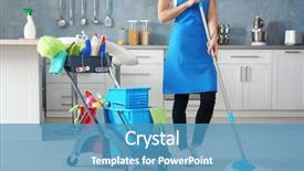  Presentation with tools - Beautiful PPT theme featuring woman with cleaning tools backdrop and a teal colored foreground