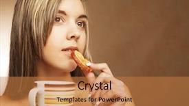  Presentation with lifestyle - PPT theme with woman with coffee and cookies background and a  colored foreground