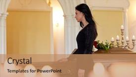 Presentation with church people - Slides having woman with coffin at funeral background and a coral colored foreground
