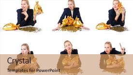  Presentation with golden woman - PPT theme having woman with coins and golden sacks background and a coral colored foreground