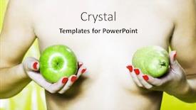  Presentation with apple pear - Beautiful presentation design featuring woman with colorful background holding pear and apple backdrop and a sky blue colored foreground
