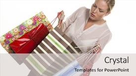  Presentation with colorful - Amazing PPT theme having woman-with-colorful-shopping-bags backdrop and a light gray colored foreground